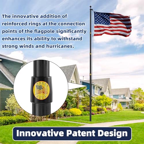 25FT Heavy Duty Flag Pole,14-Gauge Aluminum,Resist Strong Wind Reinforcement Ring Patent,Sectional Black Residential Flagpole Complete Kit - USA Flag,Black Ball, Aluminum Clips