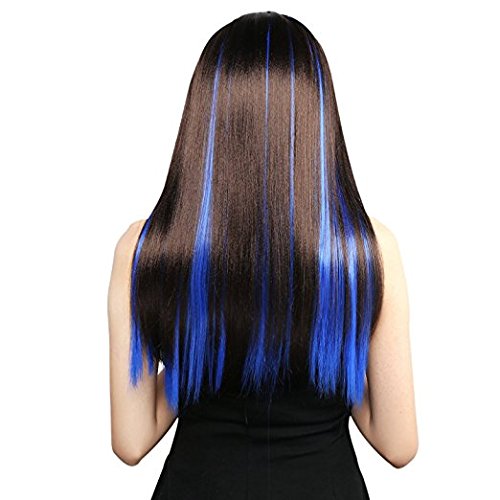 10pcs Colored Highlight Synthetic Clip in Hair Extensions 20-22" Straight Fashion Hairpieces for Party Highlights Multi-Color (Blue)