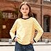 MIANZHI Girls Striped Long Sleeve Shirts Drop Shoulder Casual Fashionable Crewneck Blouse Tee Tops Yellow