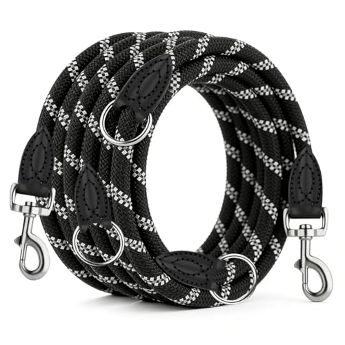 EUBSWA Doppio gancio guinzaglio per cani grandi e medi, regolabile in 6 lunghezze, nylon, nero/beige, con manico antiscivolo, per allenamento e passeggiate (3 m)