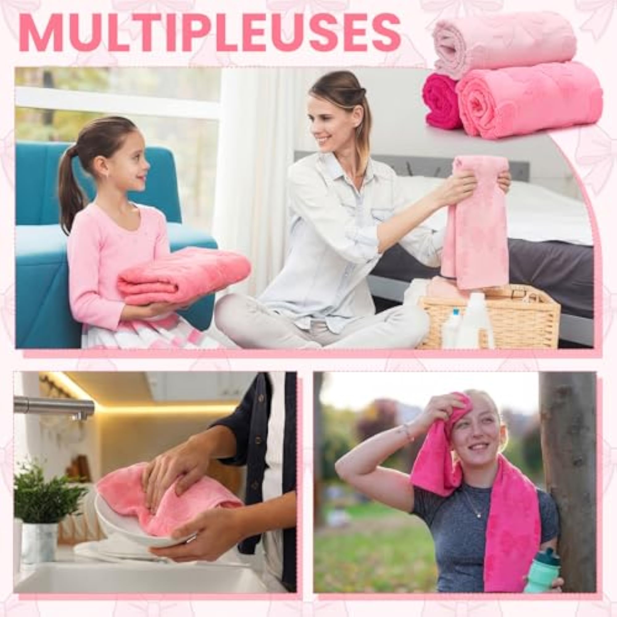3 Pcs Pink Bow Hand Towels Set, Decorative Gift