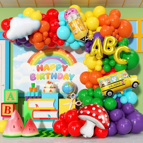PTGOLUO Rainbow Balloon Arch Garland Kit 173Pcs Back to School Balloon with School Bus Pencil ABC Mushroom Cloud Foil Balloons for Watermelon Birthday Back to School Kindergarten Graduation Decor