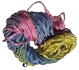 Sari Pure Silk 100g Ribbon Yarn Multi Recycled Sari Silk Ribbon Yarn Green