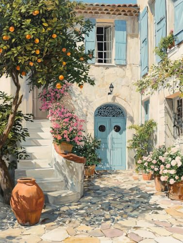 Façade de maison méditerranéenne 40x50cm pour illuminer vos murs