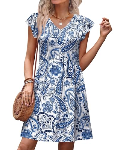 Image of OFEEFAN Summer Dresses for Women Beach Vacation Clothes V Neck Ruffle Sleeve Babydoll Dress Elegant Classy Sundress