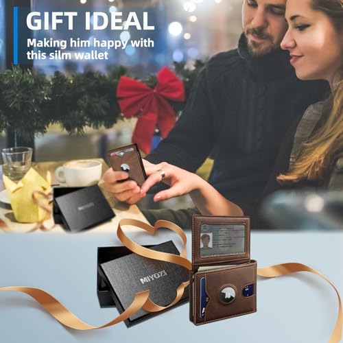 Image of miyozi AirTag Wallet for Men, Slim Leather Bifold with Holder Slot, 2 ID Windows & 13 Card Slots, RFID Blocking Front Pocket Wallet with Gift Box