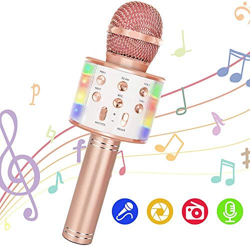 Wireless Bluetooth Karaoke Microphone, 5-in-1 Portable Handheld Mic Speaker Player Recorder with Controllable LED Lights for Christmas, Birthday, Home Party and More (Rose Gold)