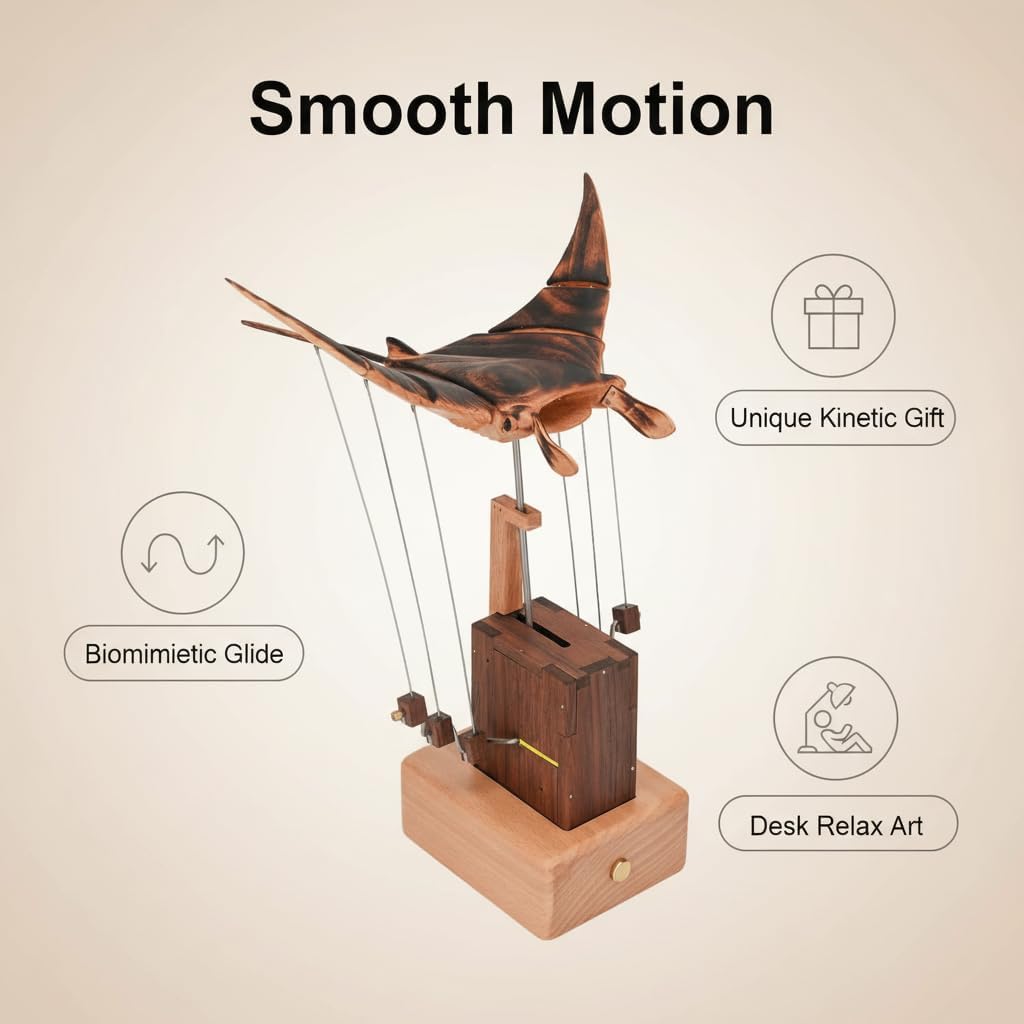 Handmade Wooden Manta Ray Kinetic Model | Mechanical Marine Life Sculpture | Desktop Relaxation Decor | Unique Dynamic Art Gift