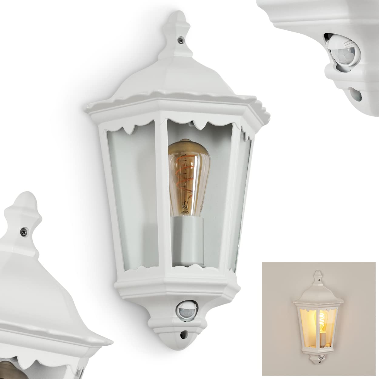 Applique d'extérieur Hongkong avec détecteur de mouvement, lampe murale look antique en métal/verre blanc/clair, applique rétro/vintage avec douille E27, pour terrasse/cour/entrée, sans ampoules