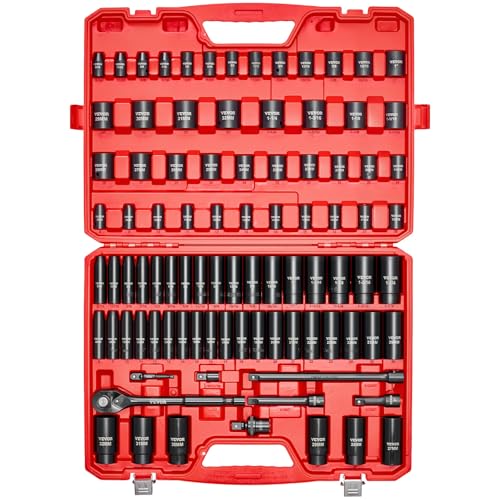 Image of VEVOR 91-Piece 1 /2 inch Drive Impact Socket Set, SAE (5 /16 inch to 1-1 /4 inch) & Metric (8 to 32 mm), CR-V, Deep & Shallow, 6 Point, Ratchet Handle, Universal Joint, Adapters, Extension Bars (3, 5, 10 in)