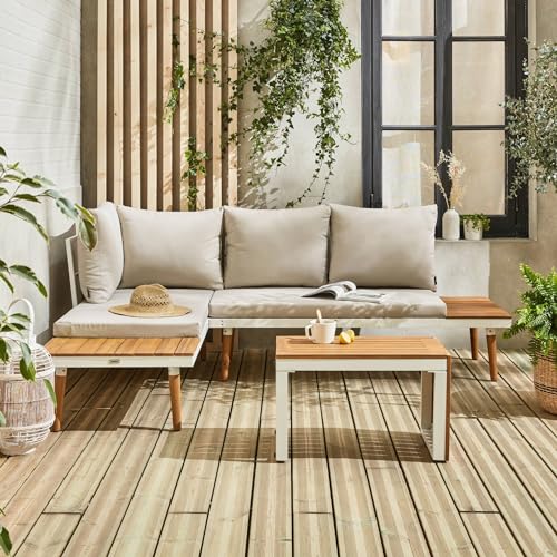 - Salón de jardín beige y blanco modular de aluminio y madera de acacia. 4 plazas. Sao Paulo.140 x 68 x 65 cm