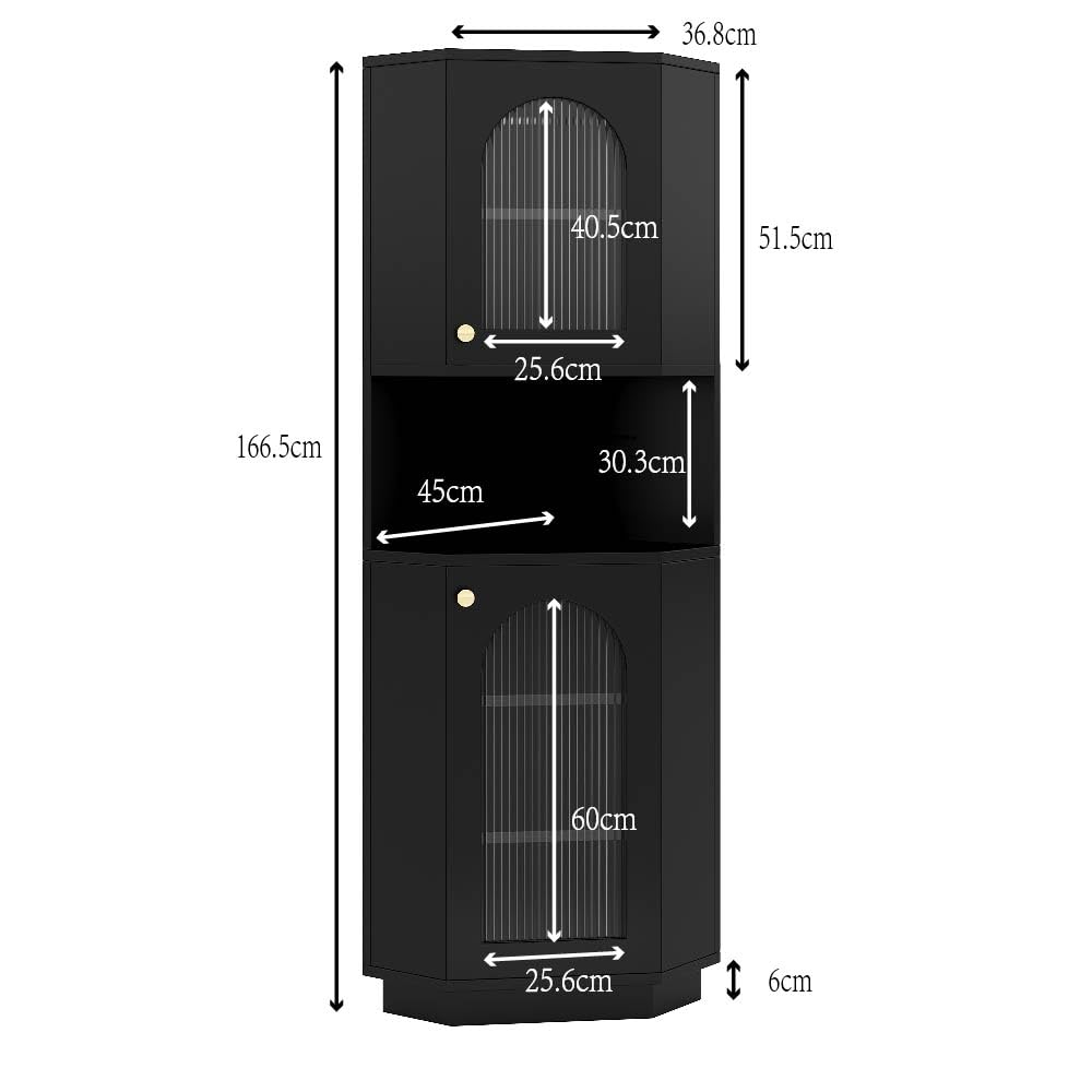 Merax Meuble de coin avec éclairage LED - Étagère d'angle avec 2 compartiments de rangement, meuble de salle de bain avec étagères réglables, pour salon, salle de bain, Noir, 45x45x166,5 cm