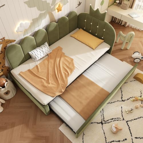 Sofá cama, cama de día extensible, 90 x 200 cm, sofá cama con cama nido, cama individual de invitados de 90 x 190 cm, diseño de corona, bonito diseño de corona y rejilla, ahorra espacio para