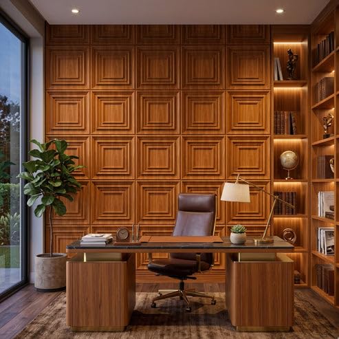 Image of Kayra Decor 3D PVC Wall Panels for Bedroom & Living Room | Accent Design | Teak Wood Color | 19.7 x 19.7 Inch | Pack of 12 | 32.28 Sq Ft