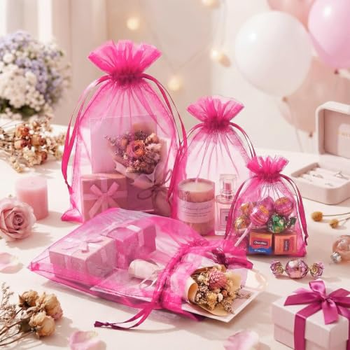Image of FUNFERY 100PCS Hot Pink Organza Gift Bags 6x9in,Drawstring Jewelry Pouch