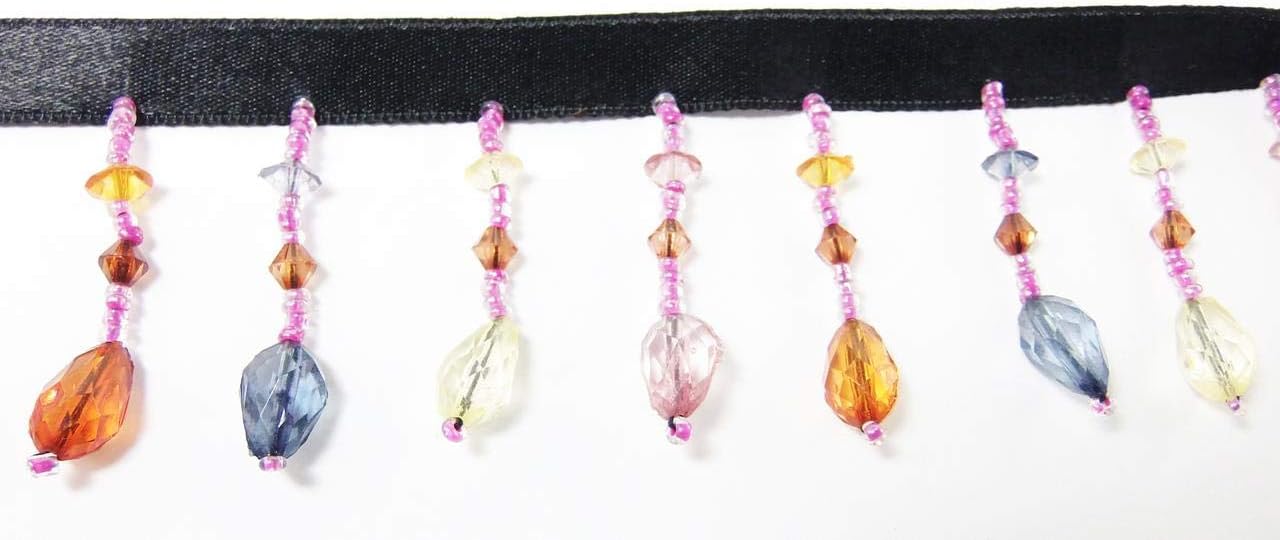 10 Yards Hanging Beaded Fringes- Multi Colors Crystal Fringe On Satin Ribbon Tape for Sewing Quilting Renaissance Dance Hawaiian Bridal Costumes Drapery Home Decor- Value 10 Yards