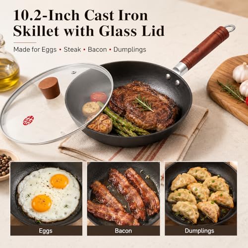 Image of WANGYUANJI 10.2-Inch Cast Iron Skillet with Glass Lid, Uncoated Frying Pan with Flat Bottom for Induction, Gas & Electric Stovetops, Small Egg Pan for Breakfast, Steak & Sauteing