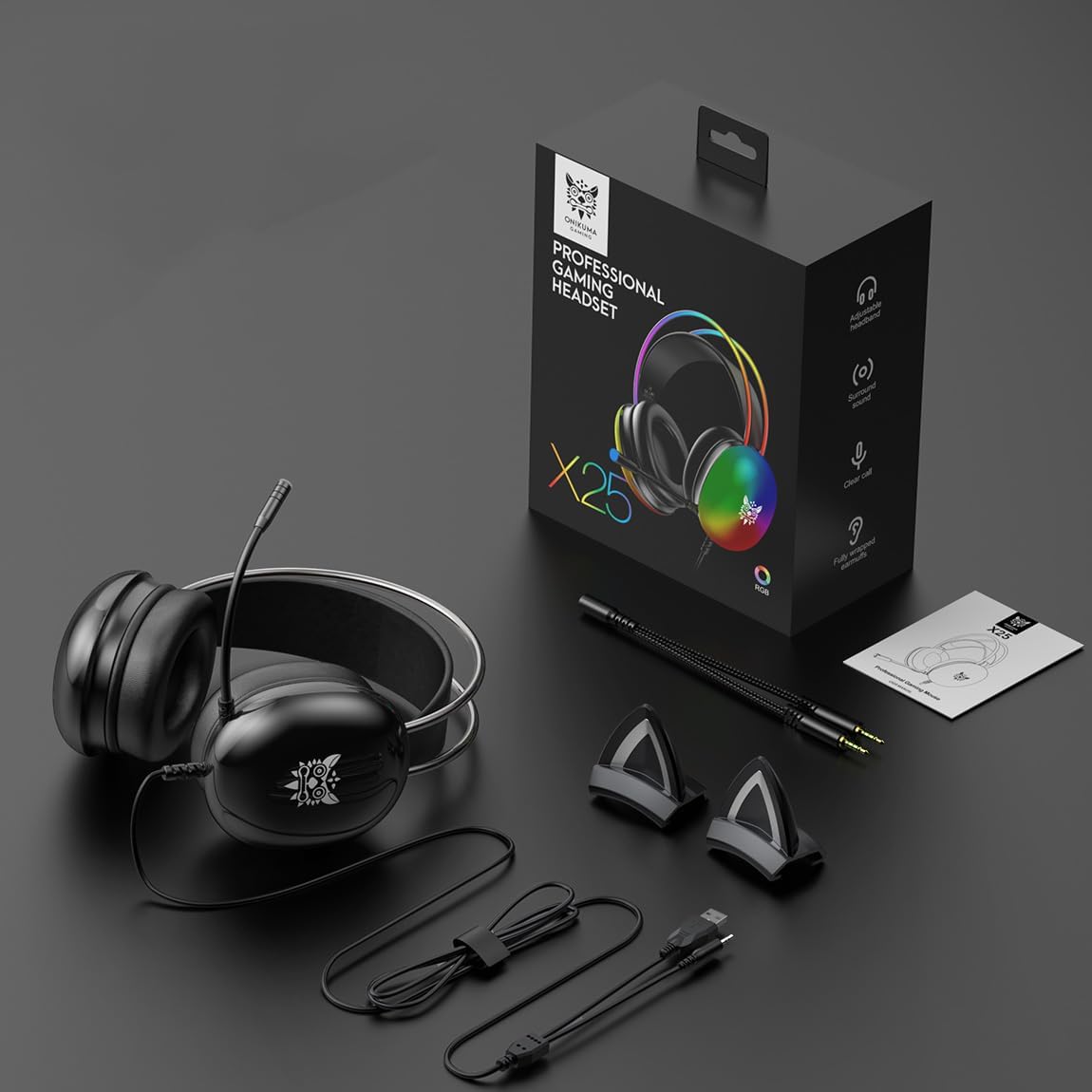 Cat Ear Gaming Headset with Microphone, RGB Rainbow Lighting, Surround Sound, 3.5mm Wired Over-Ear Headphones for PC/PS4/PS5/Switch/Laptop, Lightweight and Adjustable Headband