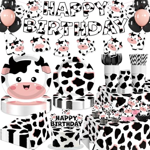 Yingoto 215PCS cow birthday party decorations All-in-One Pink Cow Print Birthday Party Supplies with Plates Napkins Cups Banner Balloons Tablecovers Cake & Cupcake Toppers Serves 25