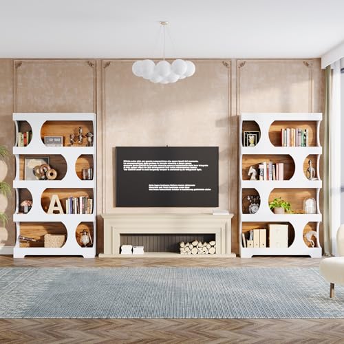 Image of Tribesigns 71 inch Tall Bookcase Set of 2, 4-Tier S-Shaped Bookshelf, Wood Decorative Storage Shelving, Modern Freestanding Display Shelves, Large Library Bookshelf Unit for Home Office, White & Brown