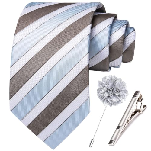 Image of Hi-Tie 63 inches Striped Paisley Extra Long Ties for Men Silk Necktie with Lapel Pin Tie Clip Big and Tall Men Formal Wedding