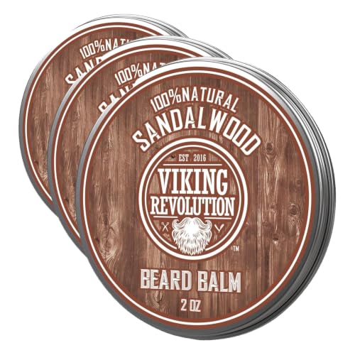 Image of Viking Revolution Sandalwood Beard Balm - Beard Butter with Argan Oil, Beard Softener for Men with Jojoba Oil - Beard Moisturizer for Men with Beeswax - Beard Wax for Men (2oz, 3 Pack)