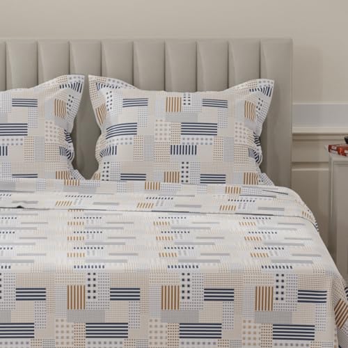 Image of Layers 100% Cotton Bedsheet for King Size Bed | Lumina Floret Collection | 144 TC Soft & Breathable | Printed with 2 Pillow Covers | Wrinkle Free & Colorfast | 3 Piece Bedding Set - Blue & Brown