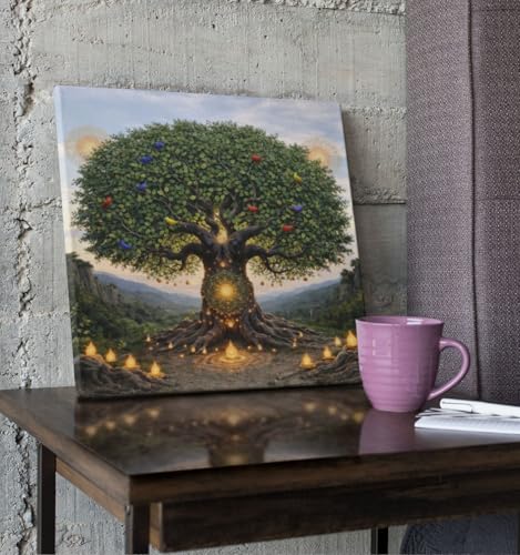 Image of Kunj Cart Kalpavriksha Tree Painting | 8+ DESIGNS | Kalpvriksh Tree Wall Painting | Lucky Tree Wall Art For Living Room, Bedroom and Office Decor | Canvas Painting for Wall Decoration (Design - A, 12x12 Inch, Framed)