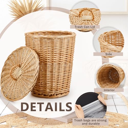 Image of Maxcheck 2 Pcs Wicker Trash Can with 100 Plastic Trash Bag Wicker Waste Woven Basket with Lids and Garbage Bags for Bathroom Kitchen Bedroom Office Bedroom Kitchen Laundry Supplies
