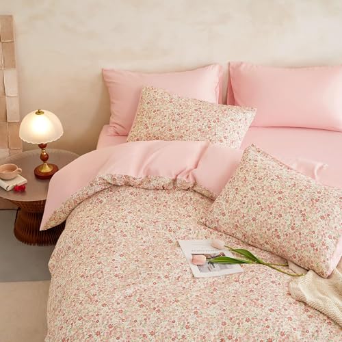 Image of Wake In Cloud - Floral Comforter Set, Cute Vintage Flower Cottagecore Aesthetic for Women Teen Girls, Soft Lightweight Dorm Bedding, 3 Pieces, Cream Pink, Full Size