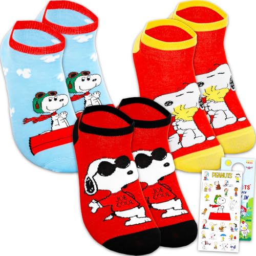 Peanuts Socks Set for Women - Bundle with 3 Pairs of Ankle Socks Featuring Snoopy Plus Stickers | Peanuts Apparel Gift Set for Teens, Girls