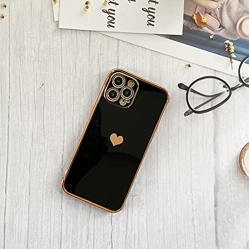 51g48cb aWS HUIYCUU for iPhone 12 Pro Max Case 6.7",Cute Glitter Sparkle Plating Loving Heart Pattern Side Print Design for Girls Women,Luxurly Screen Camera Protection Shockproof Soft Bumper Silicone Cover,Black - Image 3