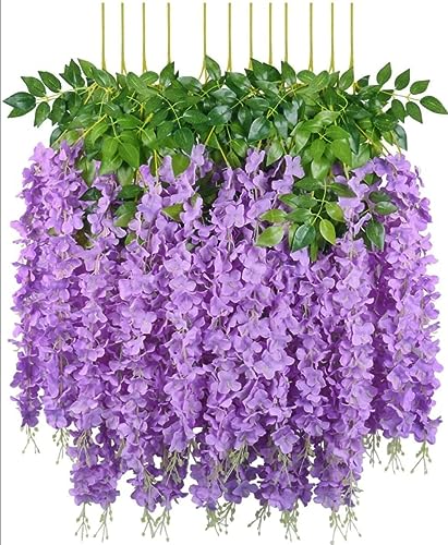 Image of 6 Pcs Artificial Polyester Hanging Flower Wisteria Vines Fake Flowers Vines for Home Party Wedding Garden Outdoor Greenery Decoration (6, Purple)