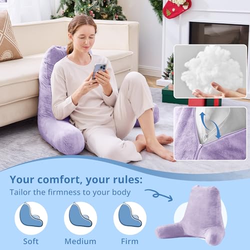 Image of Sasttie Reading Pillow for Bed, Back Pillow for Sitting Up, Lavender | 25 inch Backrest Support Cushion for Couch, Sofa, and Floor, Dorm Essentials, OEKO-TEX, Adjustable Down Alternative Fill
