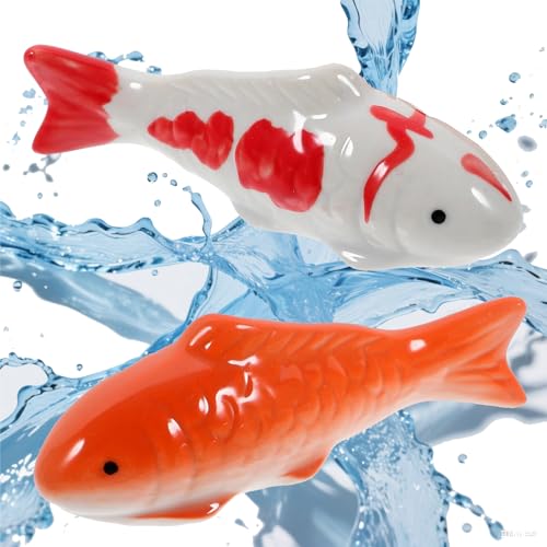 Snyvpra Schwimmende Fische, 2er Set Schwimmende Keramik-Koi-Fische – Realistische Goldfisch-Dekoration für Feengarten, Teichbrunnen,...