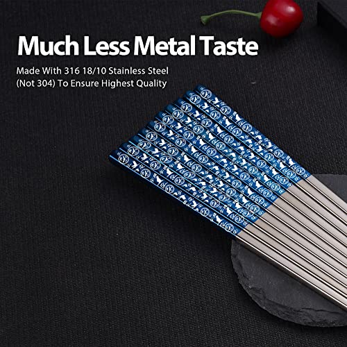 Hagary Crane Blue Chopsticks Metal Chopsticks Reusable Designed In Korea Japanese Style Stainless Steel 316 18/10 Non-Slip Dishwasher Safe (Blue - 5 Pairs) #TOP2