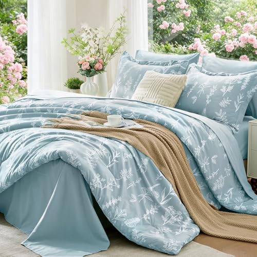 Image of MUXHOMO Oversized King Comforter Set, Mineral Blue Elegant Floral Print Bed in a Bag 7 Pieces, Soft & Breathable Reversible Botanical Pattern Bedding Set with Comforter, Sheets, Pillowcases, and Shams