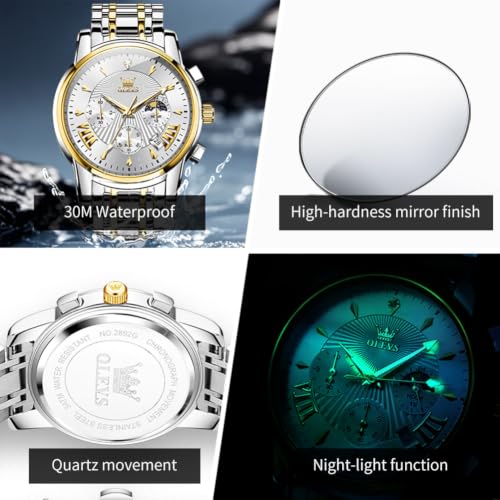 Image of OLEVS Watch for Men Classic Business Dress Analog Quartz Stainless Steel Waterproof Luminous Date Diamond Men Silver Watch