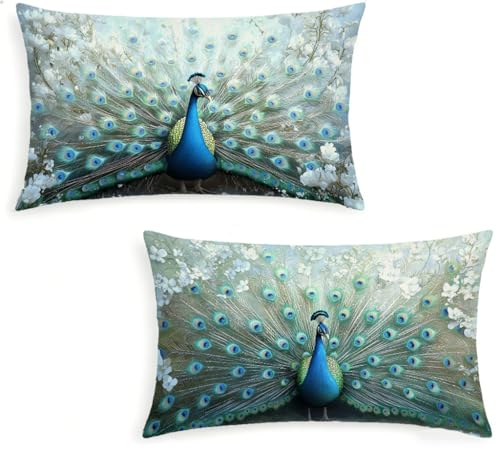 Animal Fundas Cojines 30x50 Juego de 2 Fundas de Cojines Pavo Real Lino Cojines Rectangular Decorativos con Cremallera Oculta para Cama Decoración Sofás Sala de Estar Dormitorio Exterior -1485