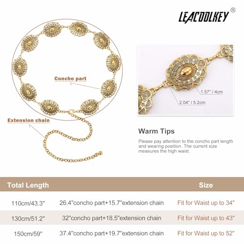 Image of LEACOOLKEY Women Turquoise Concho Chain Waist Belt Silver Western Cowgirl Metal Chain Belt for Dress Adjustable