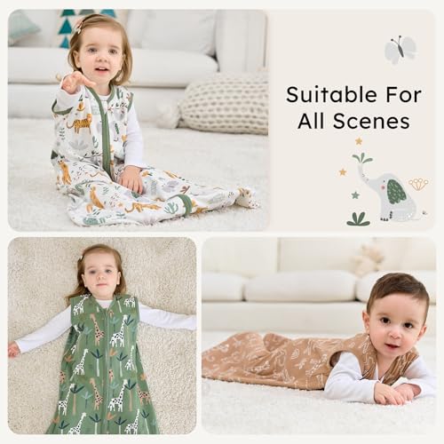Image of Baby Sleep Sack 12-18 months, 100% Cotton Sleeping Sack for Newborn and Infant, 3 Pack Baby Wearable Blanket for Boy and Girl, 0.5 Tog Lightweight Double Zipper Sleep Bag Green Brown Giraffe