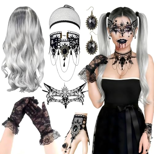 9 Piezas Peluca Mujer Halloween - Peluca Larga Rizada Gris Plateado de 70cm con Collar Gótico, Máscara, Guantes de Encaje, Pendientes, Peluca de Bruja Gótica para Carnaval, Fiestas Temáticas y Cosplay