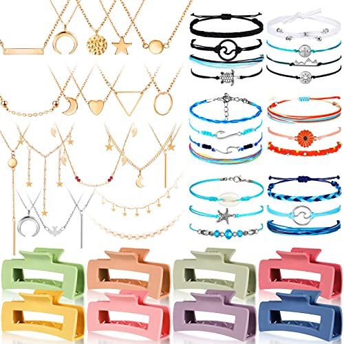 49 Pcs Surfer Wave String Friendship Bracelets Layered Choker Square Hair Clip Accessories for Women(Charming)