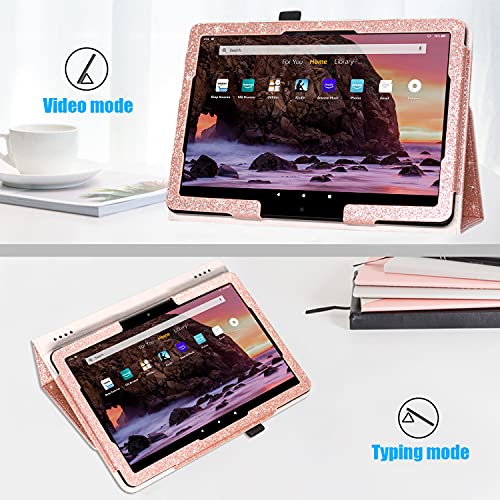 Dmluna Case For All-New Amazon Fire Hd 10 & 10 Plus Tablet 11Th Generation 2021 Release, Slim Pu Leather Cover Folio, With Folding Stand, Auto Wake/Sleep, Hand Strap, Card Slot - Glitter Rose #TOP2