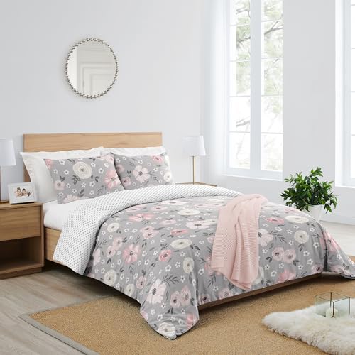 Image of Sweet Jojo Designs Grey Watercolor Floral Girl Full /Queen Bedding Comforter Set Kids Childrens Size - 3 Pieces - Blush Pink Gray and White Shabby Chic Rose Flower Polka Dot Farmhouse