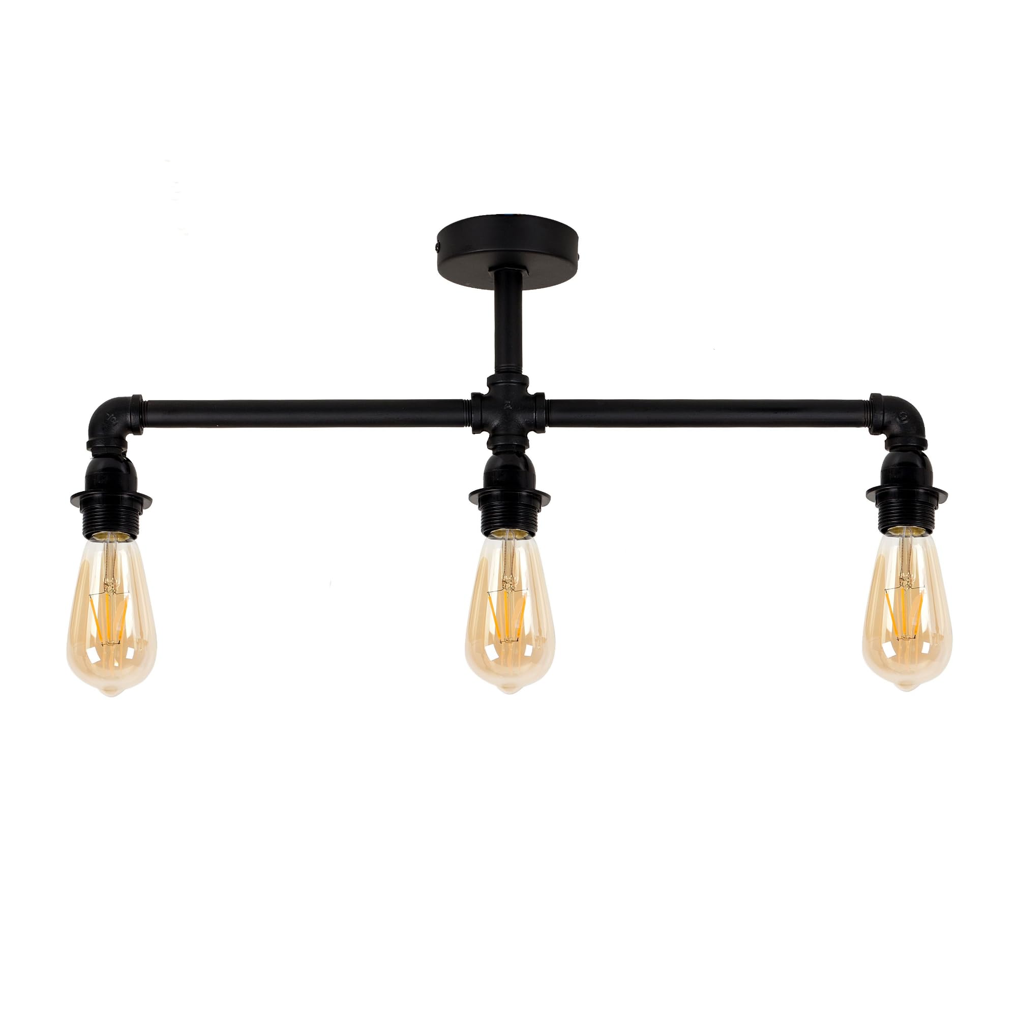 Minisun Black | Industrial Steampunk Style Satin 3 Way Bar Pipework Ceiling Light Fitting | Close-To-Ceiling Lights, Home Décor & Improvement Essential | Mains Wired