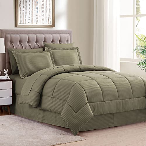 Image of Sweet Home Collection 8 Piece Comforter Set Bag Stripe Design, Bed Fitted, 1 Flat Sheet, 2 Pillowcases, 2 Shams, King, Dobby Sage
