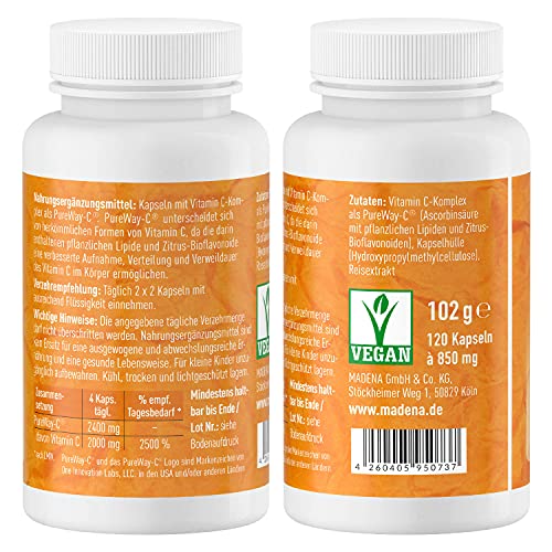 MADENA Vitamin C Kapseln – 2000mg Tagesdosierung mit dem patentierten PureWay-C für ein starkes Immunsystem, mit Langzeiteffekt, 120 Kapseln