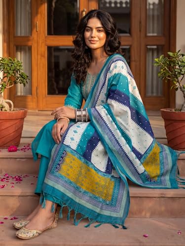 Image of INDO ERA Women's Silk Blend Embroidered Sequinned Kurta & Pant with Dupatta Set