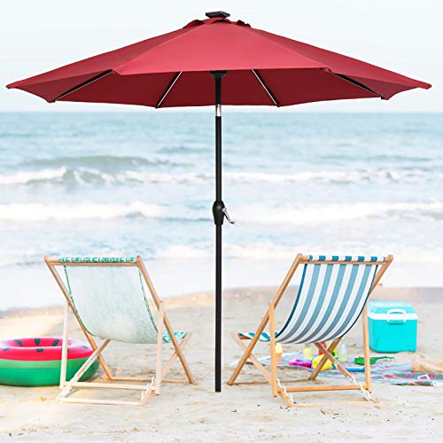 9 Ft Large Patio Umbrellas With Push Button Tilt/Crank Led Lighted Patio Umbrella For Beach Patio Garden Outdoor Outdoor Market Umbrellas-Wine Red Outdoor #TOP2